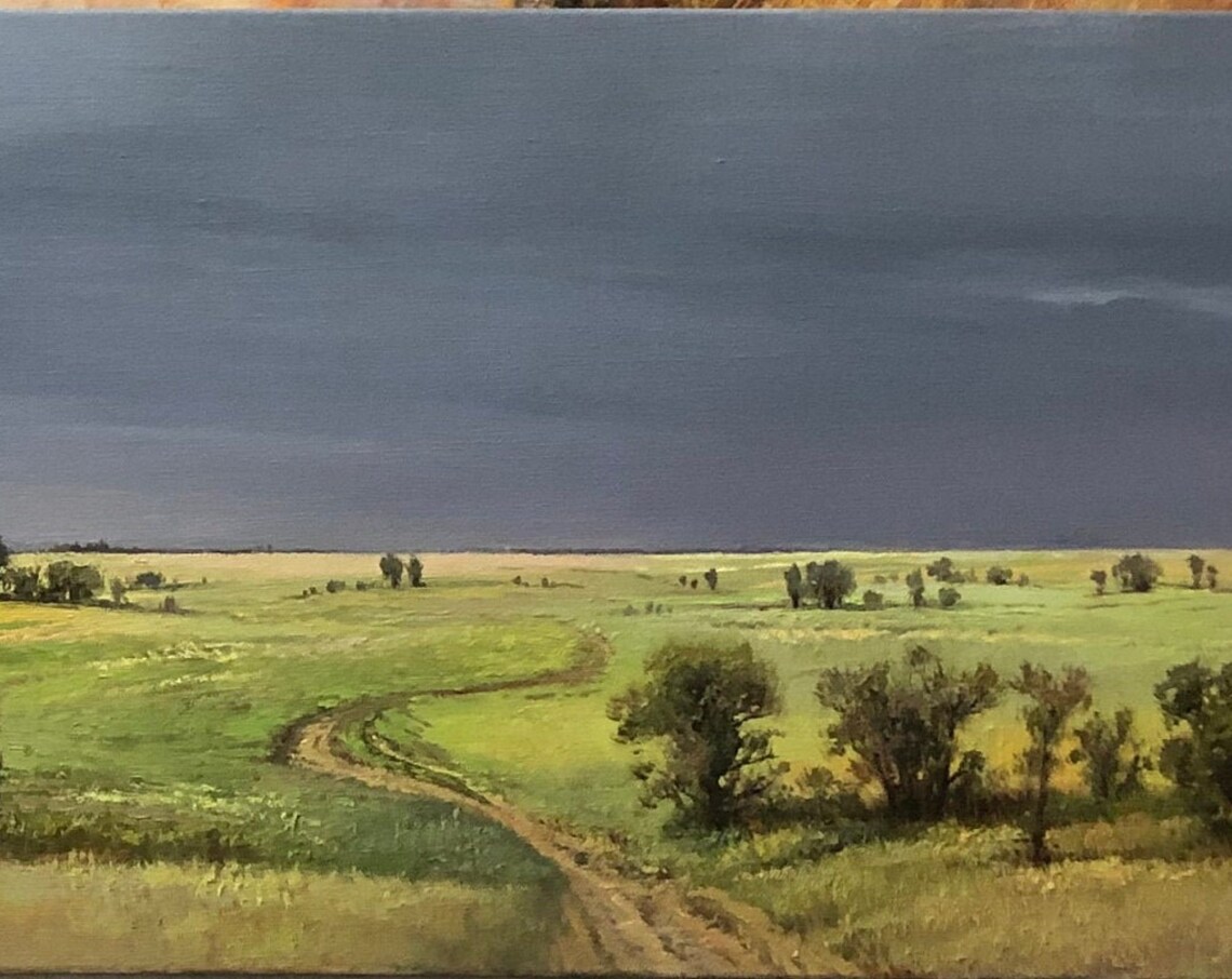 Green Meadow Stormy Sky Winding Dirt Path Countryside Poster