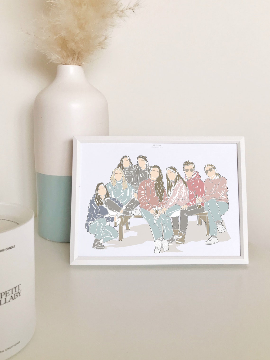 Faceless Friends Group Pastel Illustration Custom From Photo Poster