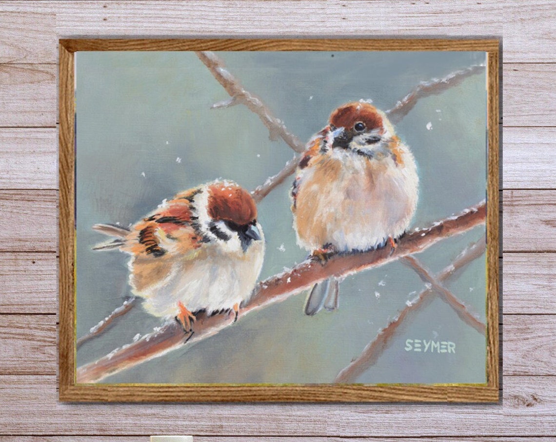 Two Sparrows On Snowy Branch Bird Oil Painting Winter Poster - Image 5