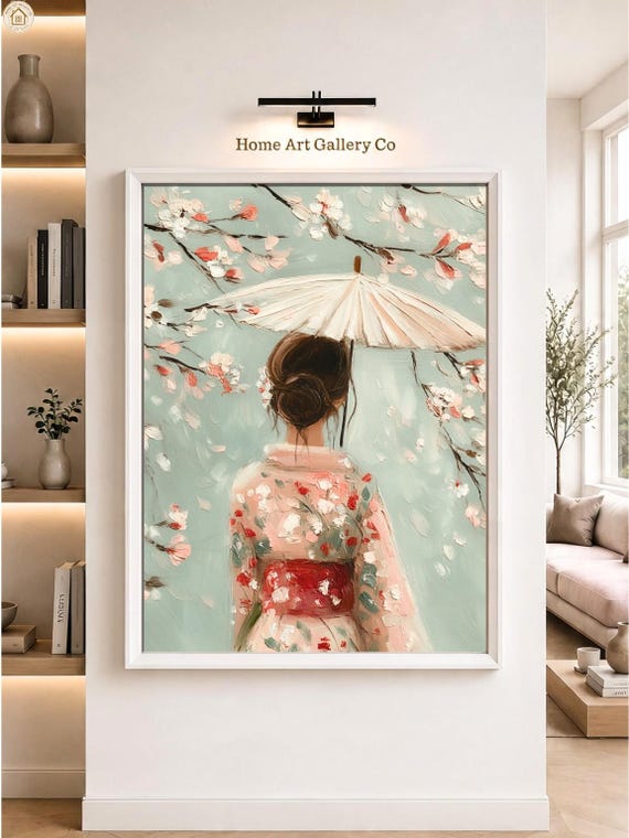 Japanese Kimono Woman Wall Art Cherry Blossom Japandi Print