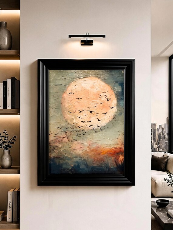 Full Moon Wall Art Birds Landscape Atmospheric Oil Painting Print