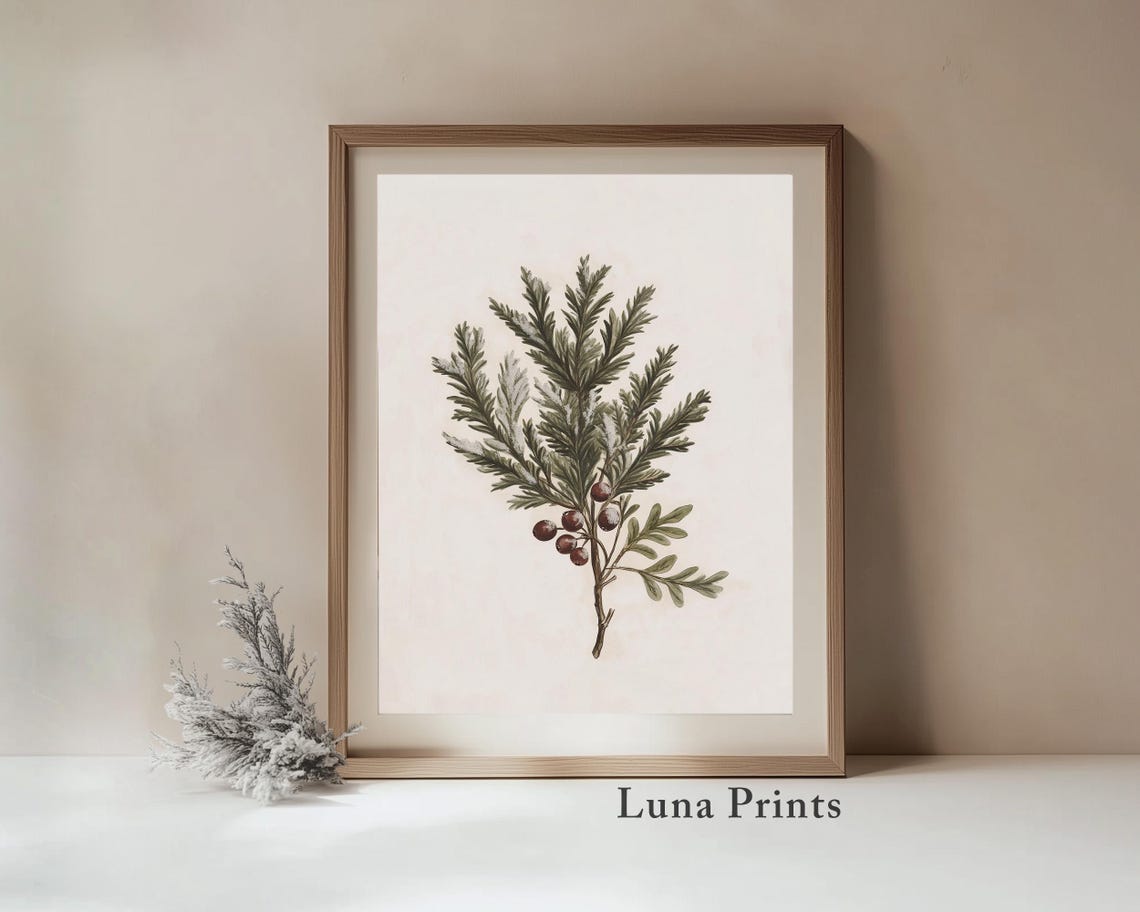 Snow Dusted Evergreen Branch with Red Berries Botanical Wall Art