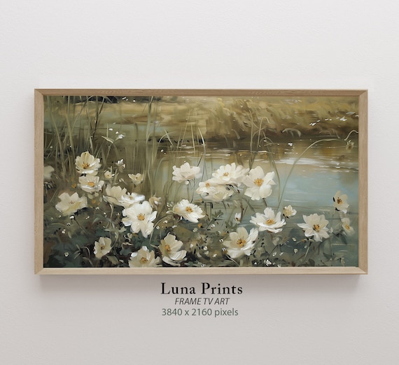 Cosmos Lake Landscape Art Print, Wildflowers Spring