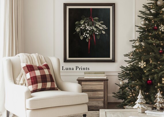 Mistletoe Bouquet on Black Christmas Botanical Holiday Wall Art