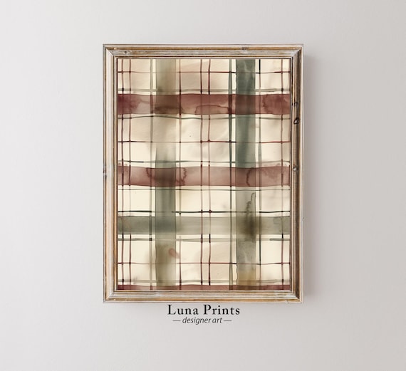 Watercolor Plaid Pattern in Cream Rust and Green Fall Wall Art