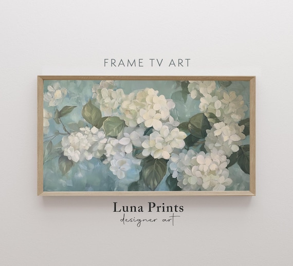 White Hydrangeas Blue Gray Vintage Botanical Oil Painting Frame TV Poster