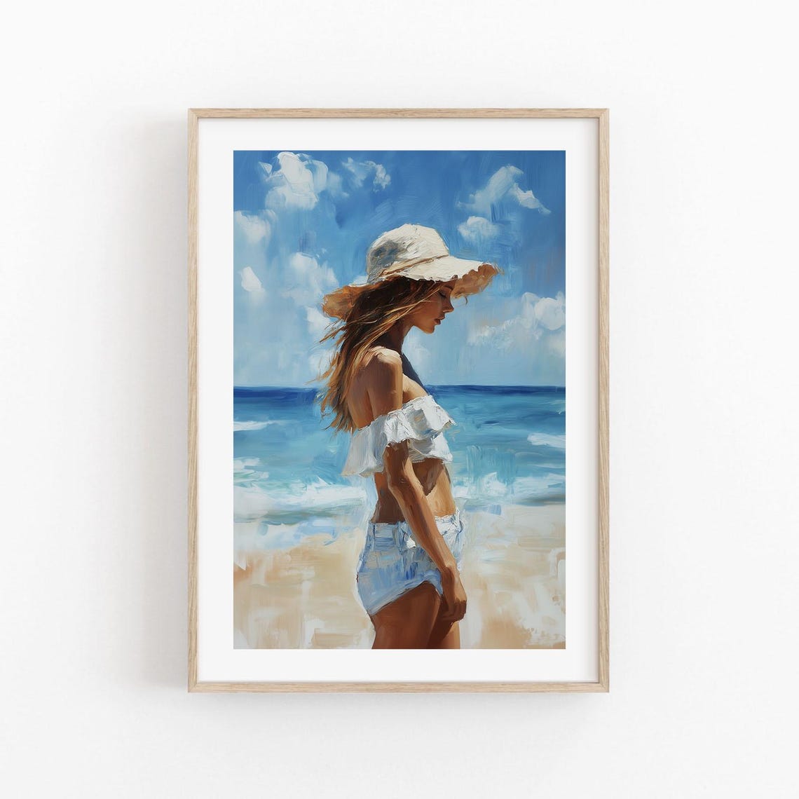 Serene Summer Decor Coastal Beach Walk Art Print Portrait Minimalist Fashion Illustration