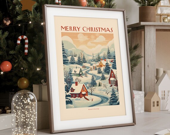 Merry Christmas Vintage Village Snowy Winter Holiday Wall Poster