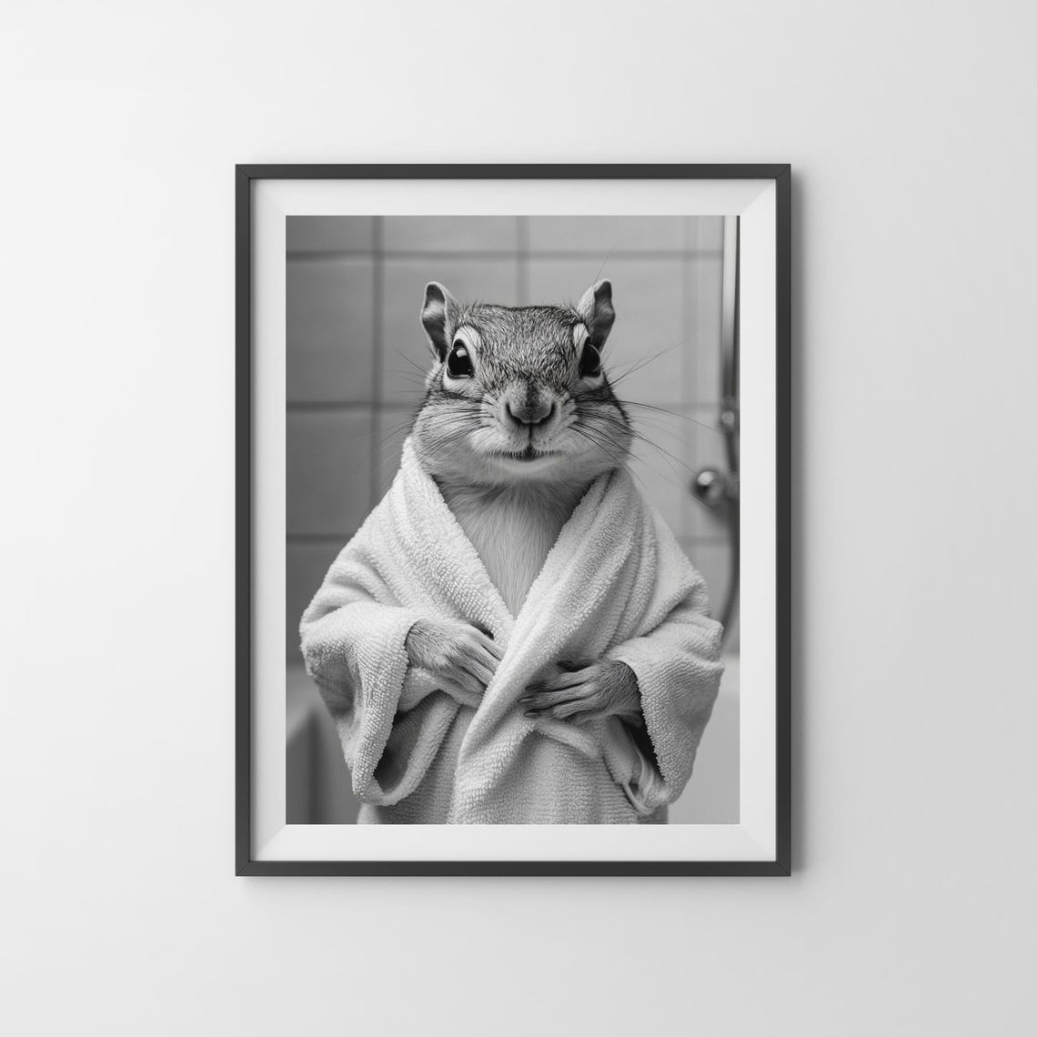 Chipmunk Wearing a Bathrobe in the Bathroom Black and White Poster - Image 3