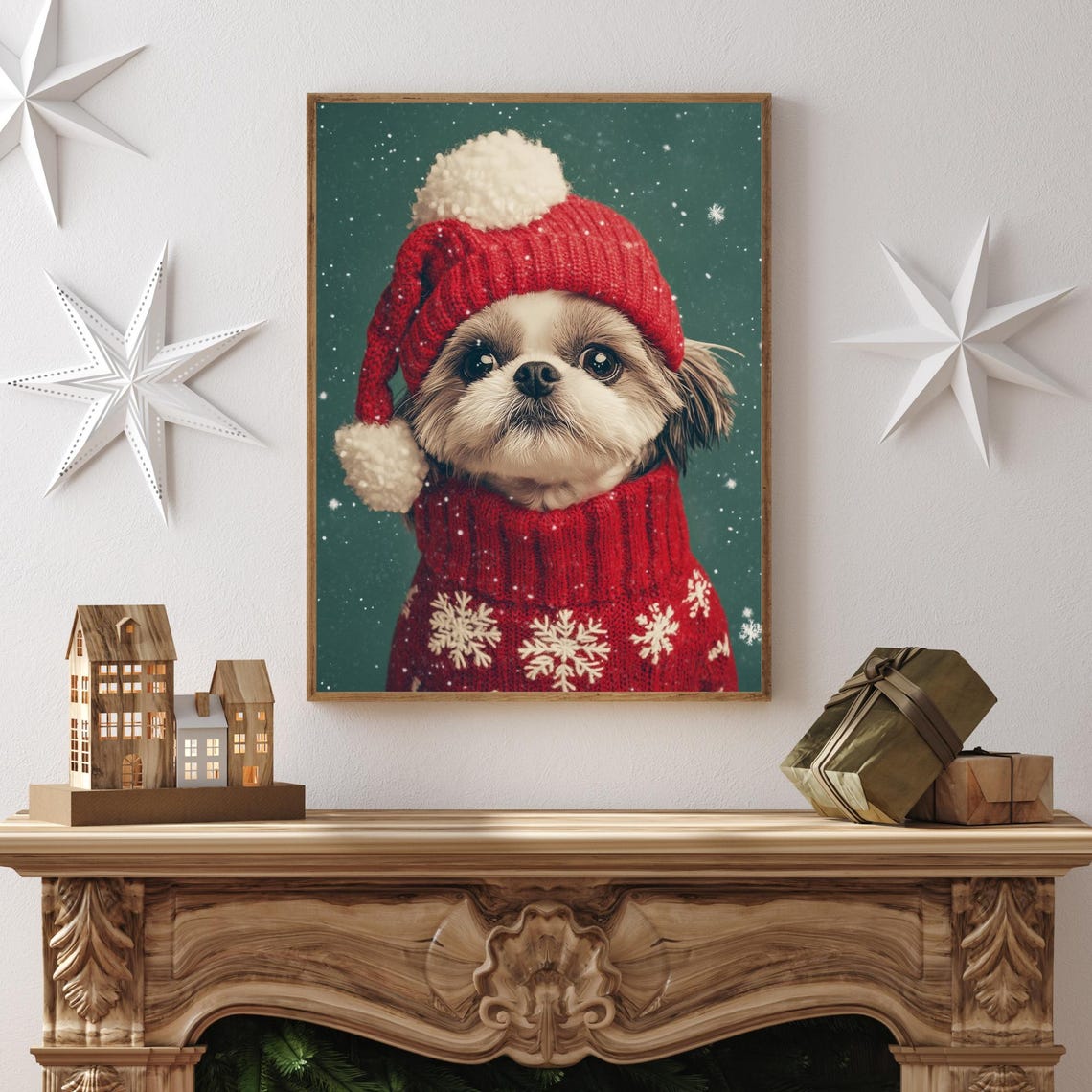 Cozy Christmas Puppy in a Red Knit Hat and Snowflake Sweater Poster - Image 2