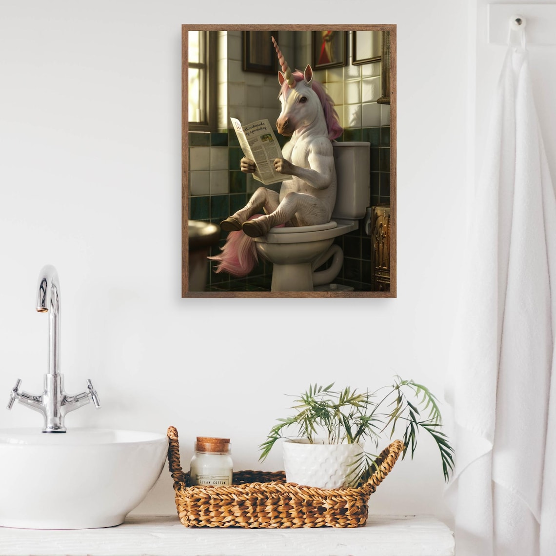 Unicorn Reading Newspaper On The Toilet Funny Bathroom Humor Poster - Image 2