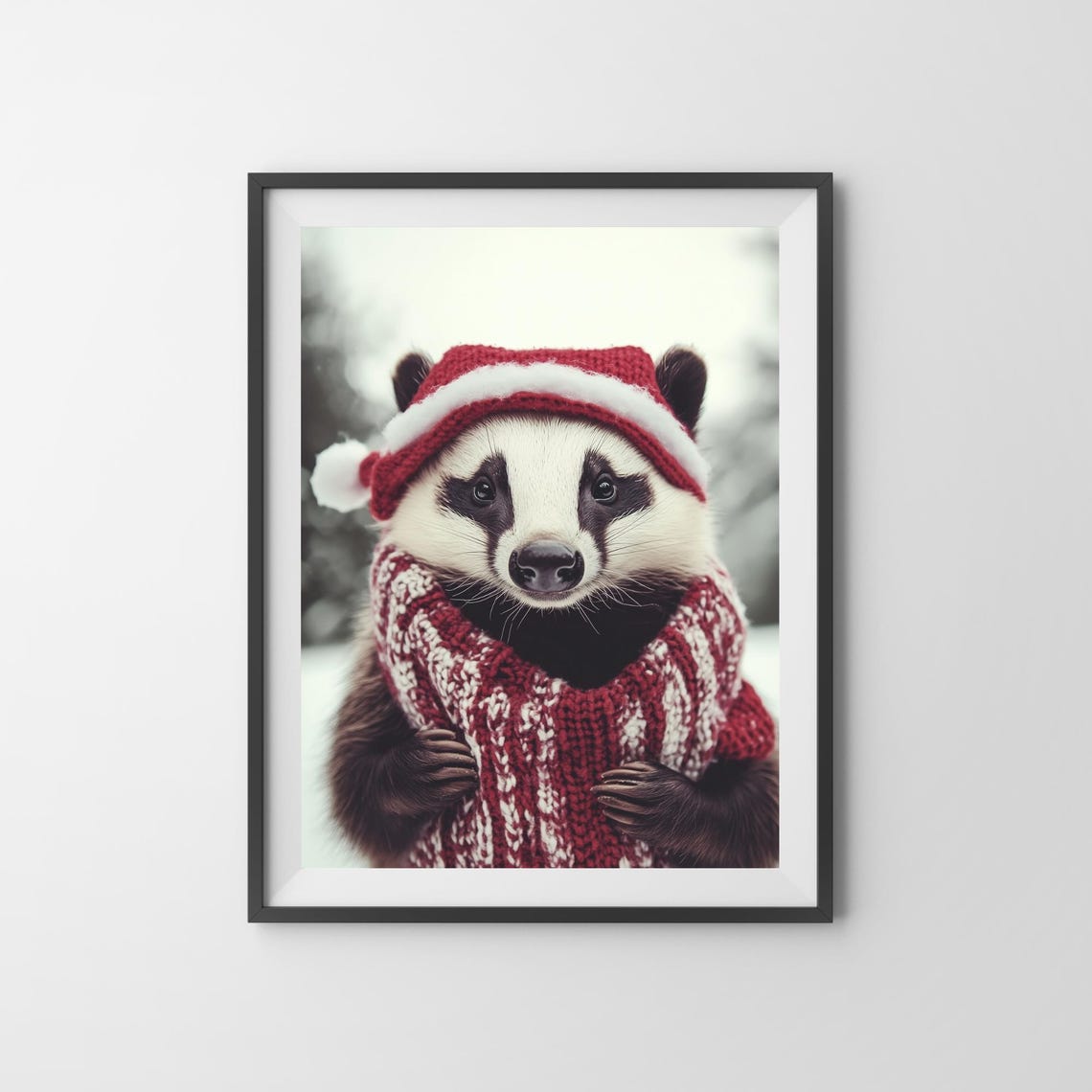 Badger in Santa Hat and Red Knit Sweater Posing in the Snow Poster - Image 3