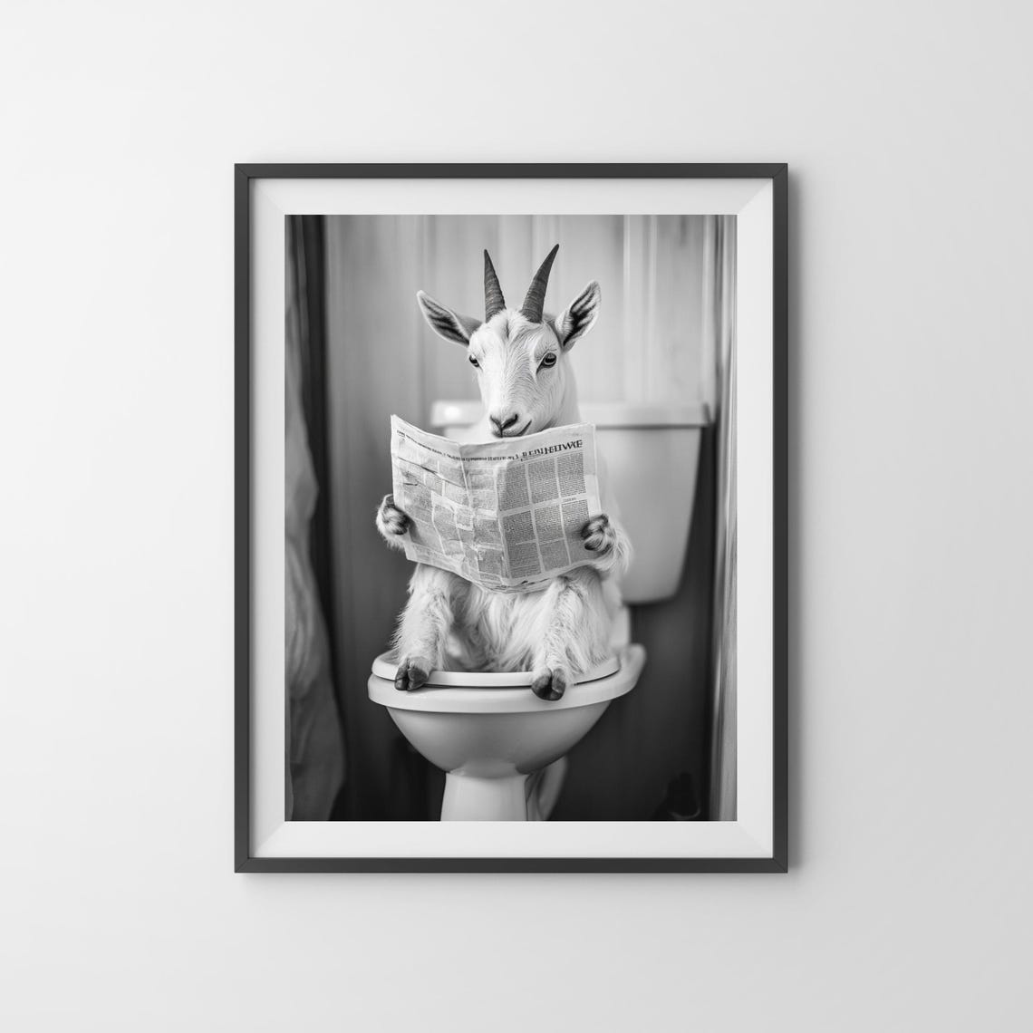 Goat Reading Newspaper On Toilet Funny Black And White Bathroom Poster - Image 3