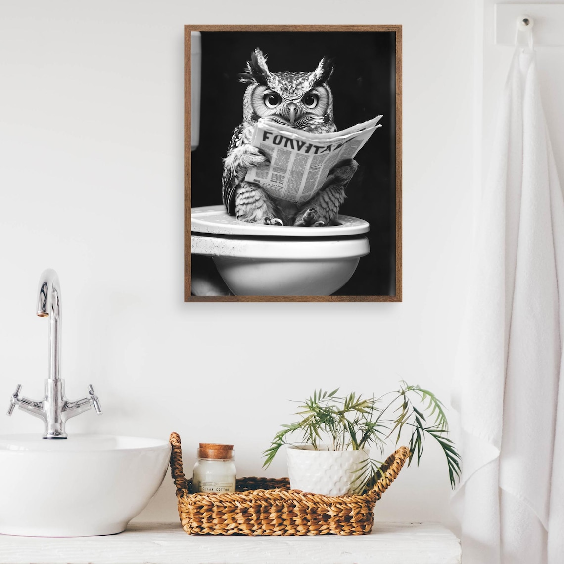 Owl Reading a Newspaper on the Toilet in Black and White Funny Poster - Image 2