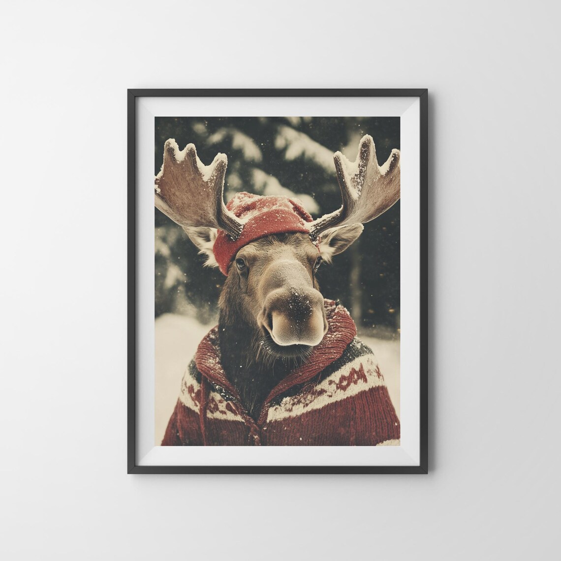 Moose Wearing Red Beanie And Knit Sweater Snowy Christmas Poster - Image 3