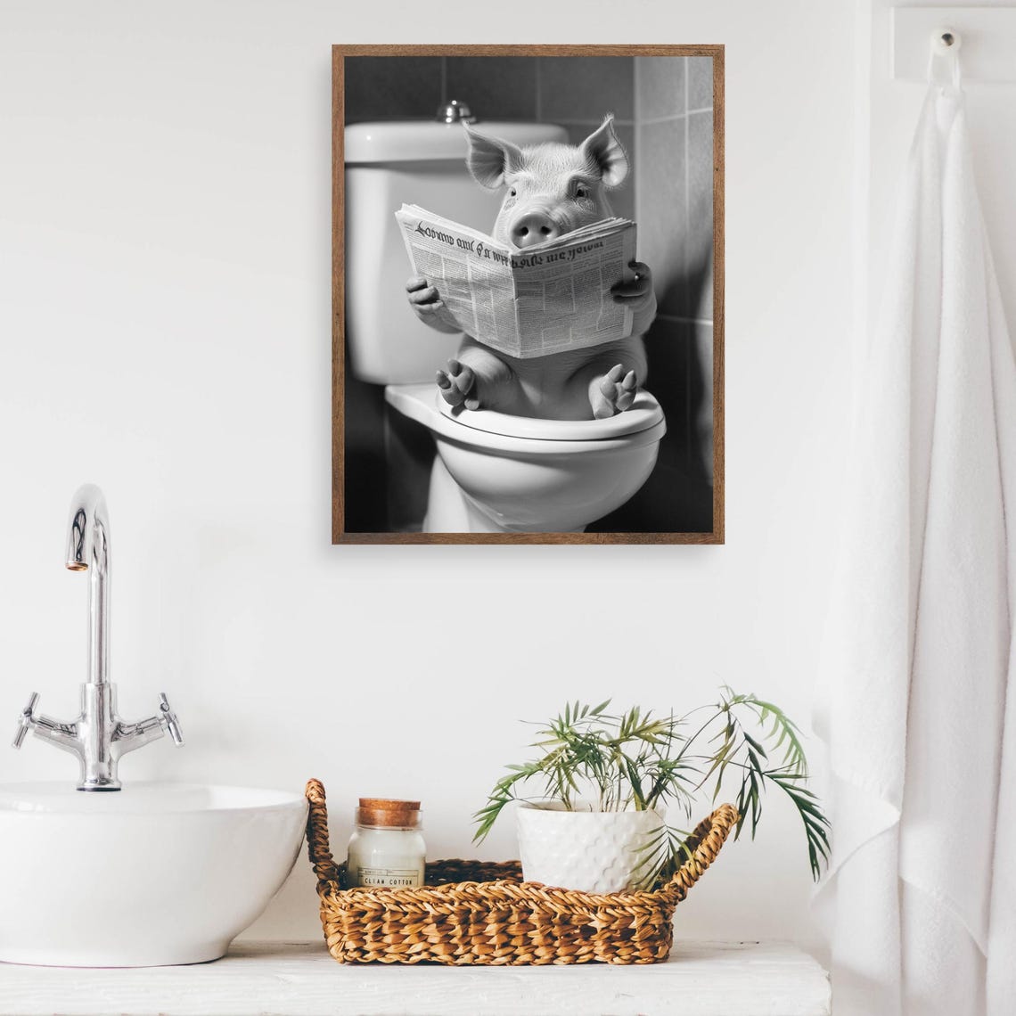 Piglet Reading Newspaper On The Toilet Monochrome Bathroom Poster - Image 2