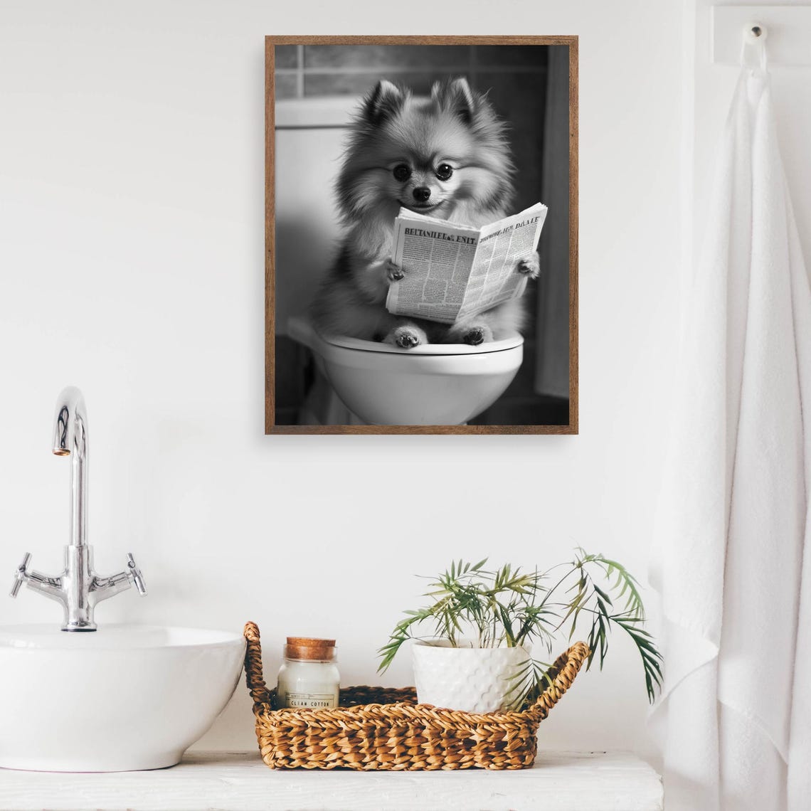 Pomeranian Reading Newspaper On The Toilet Monochrome Bathroom Poster - Image 2