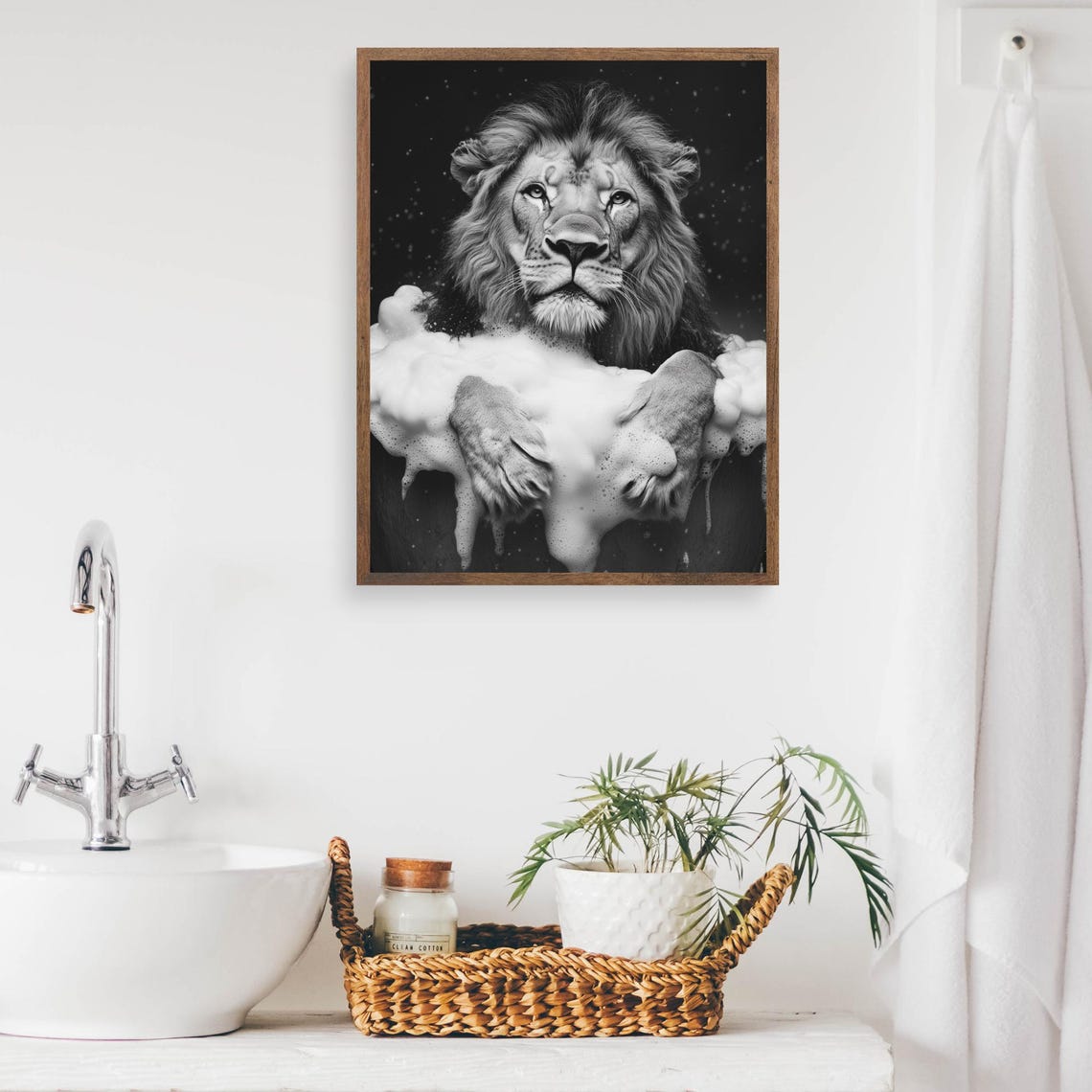 Lion Taking a Bubble Bath in Black and White Bathroom Poster - Image 2