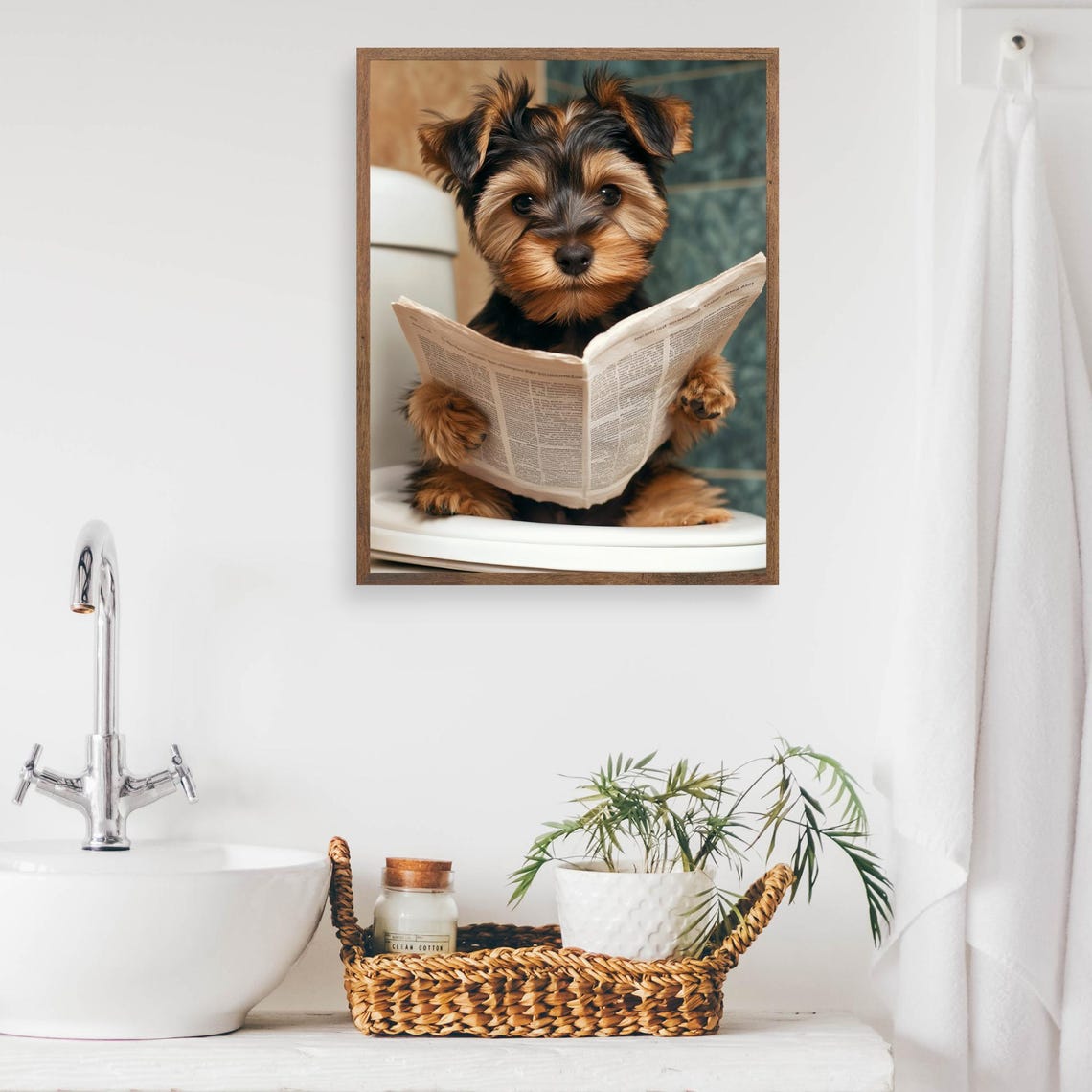 Yorkshire Terrier Puppy on the Toilet Reading Newspaper Poster - Image 2