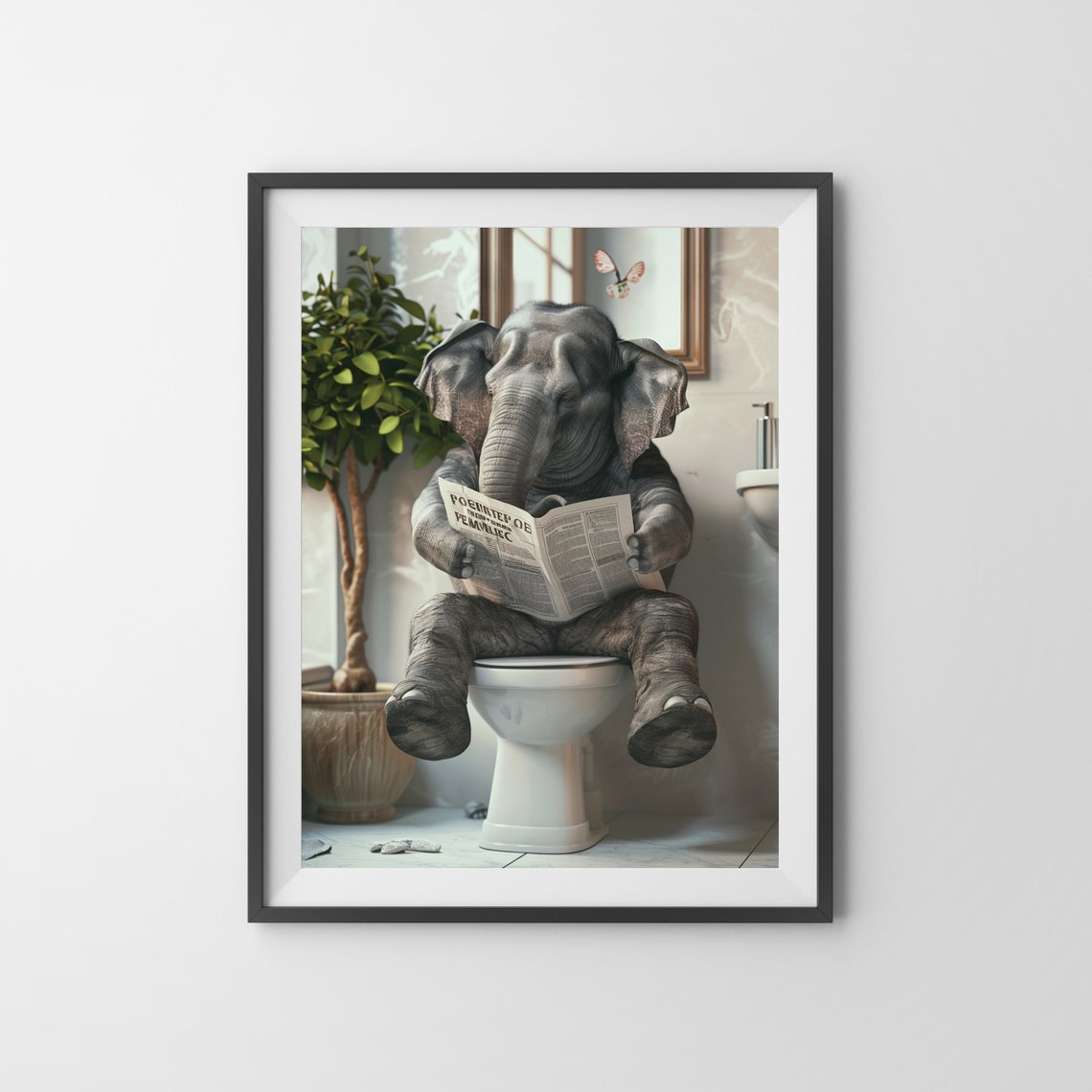 Elephant Reading a Newspaper While Sitting on the Toilet Funny Poster - Image 3