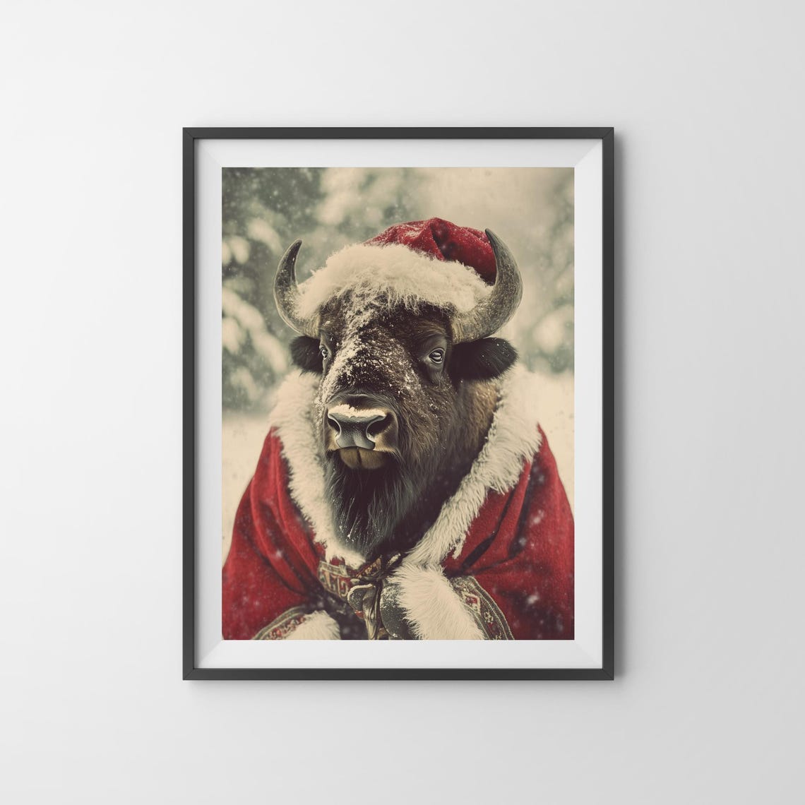 Bison Wearing Santa Hat And Red Coat Festive Christmas Poster - Image 3