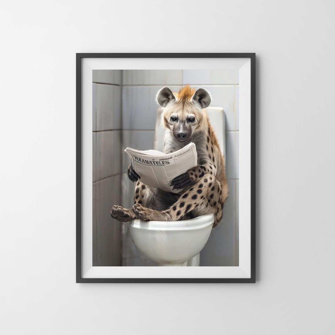Spotted Hyena Reading Newspaper on Toilet Funny Bathroom Poster - Image 3