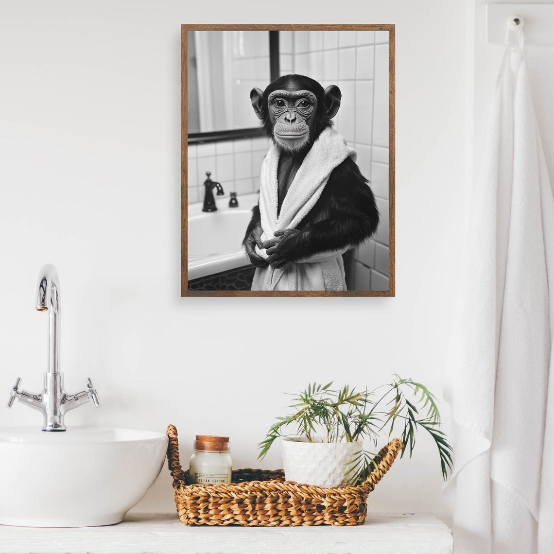 Monkey in White Bathrobe Funny Black and White Bathroom Poster - Image 2