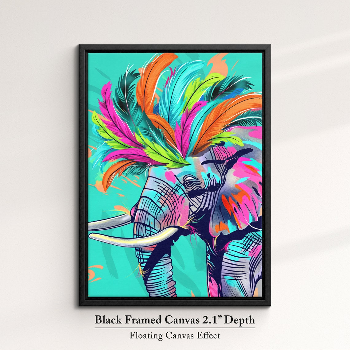 Elephant Side Profile With Neon Feather Headdress Turquoise Poster - Image 2