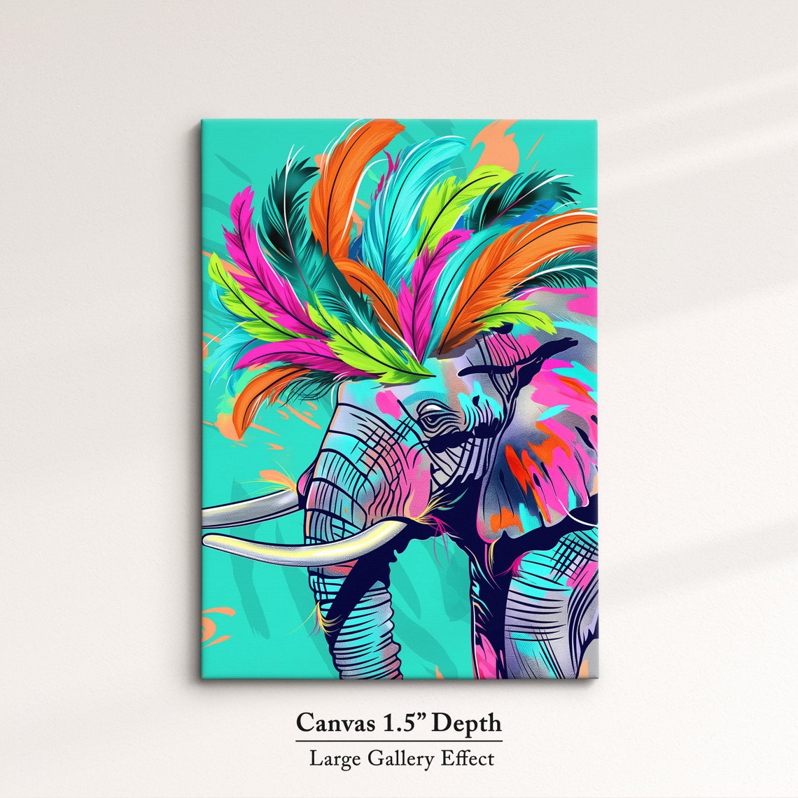 Elephant Side Profile With Neon Feather Headdress Turquoise Poster - Image 3