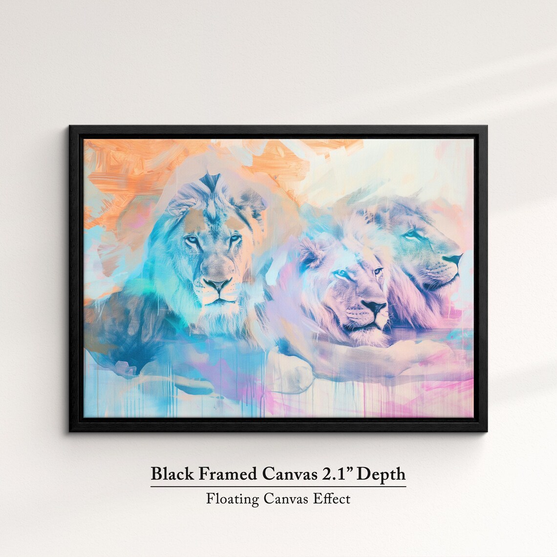 Lion Pride Trio Soft Watercolor Blue Orange Abstract Wildlife Poster - Image 2