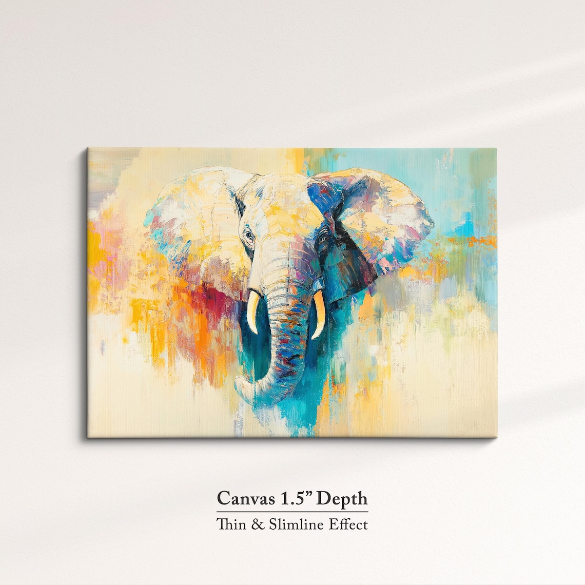 Elephant Head Abstract Oil Painting Pastel Yellow Blue Turquoise Print - Image 3