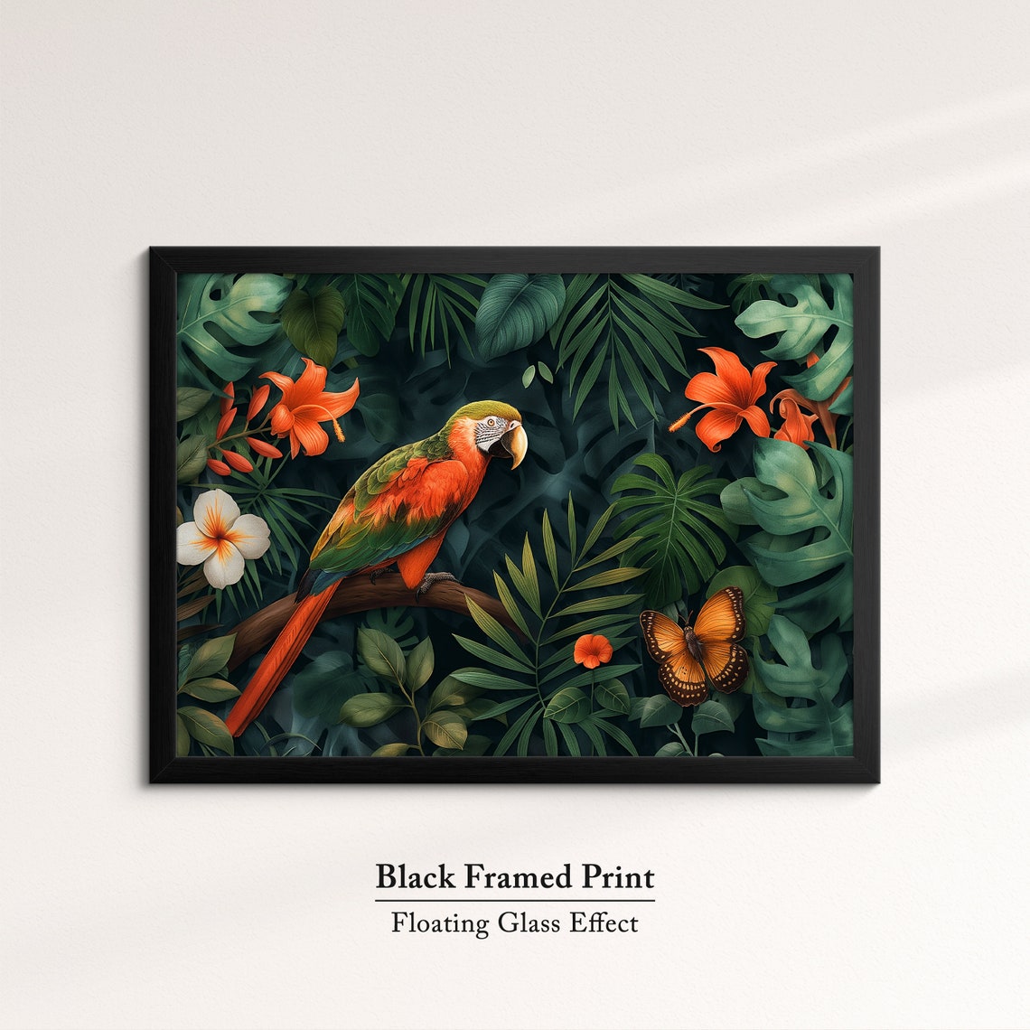 Vibrant Macaw Parrot In Lush Jungle With Butterfly Exotic Bird Poster - Image 8