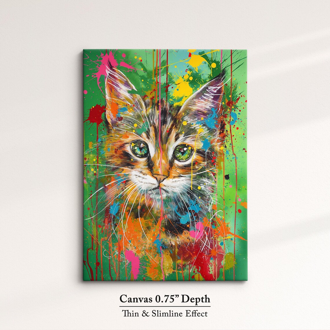 Colorful Tabby Kitten Face Pop Art Painting Green Splatter Pet Wall Art Poster - Image 4