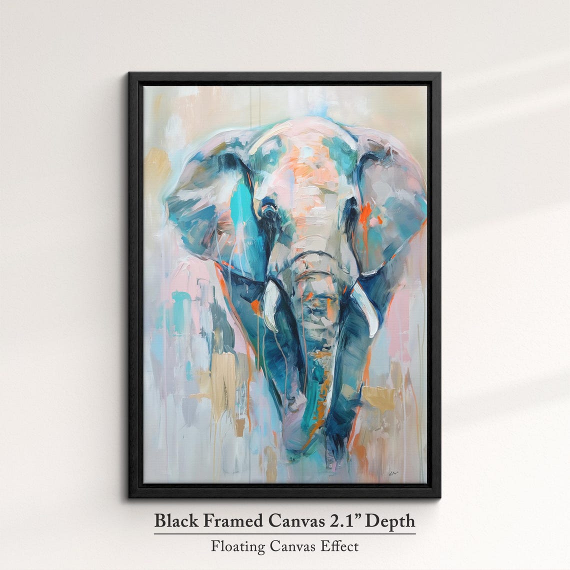 Elephant Front View Soft Teal Pink Paint Drip Abstract Wall Art - Image 2