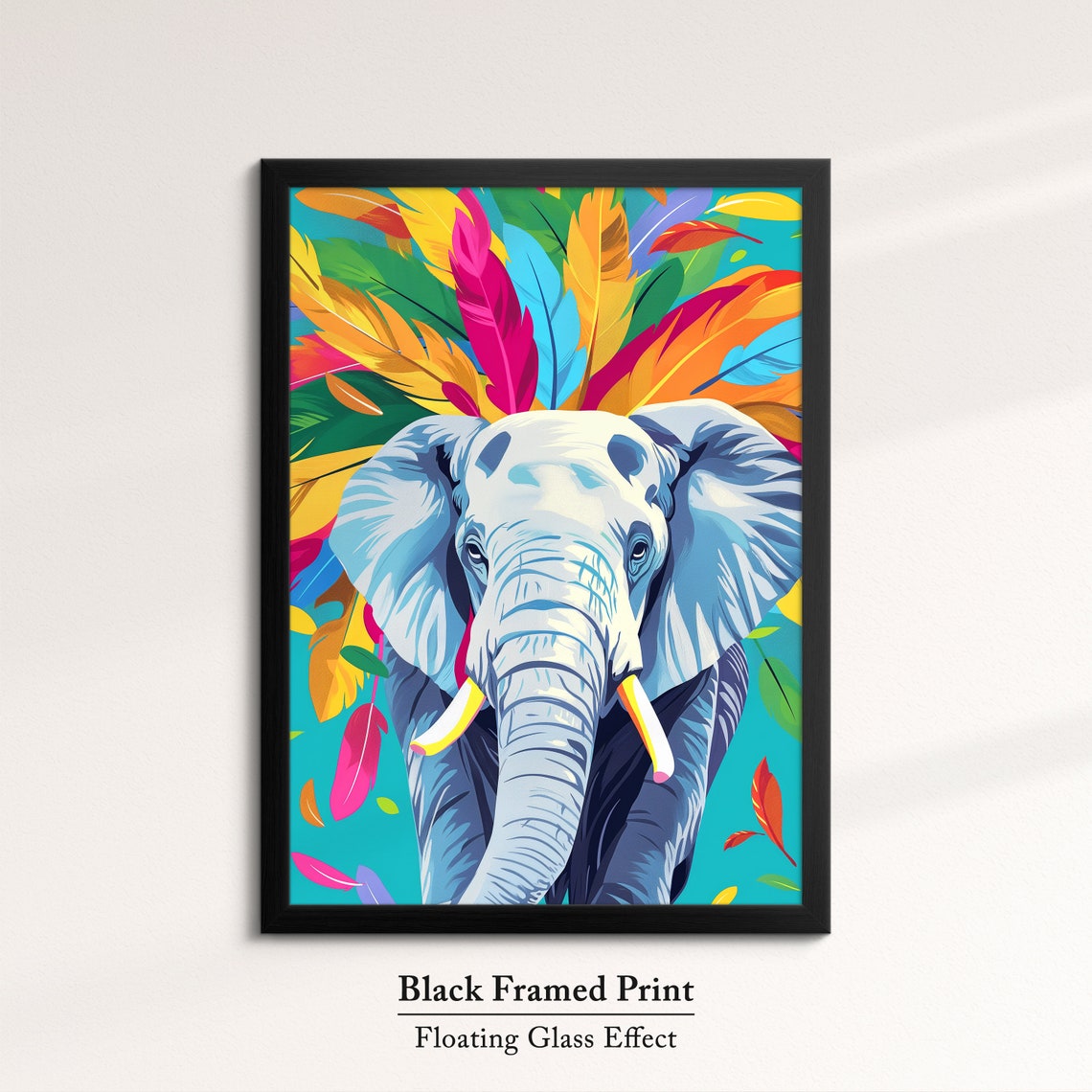Elephant Front Portrait With Colorful Feathers Turquoise Art Poster - Image 8