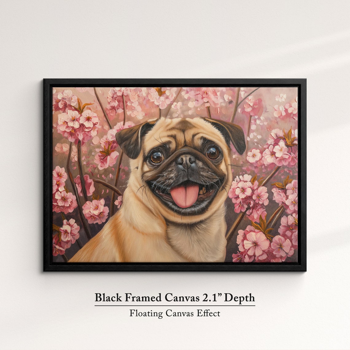 Happy Pug Grinning With Tongue Out In Pink Cherry Blossoms Art Poster - Image 2