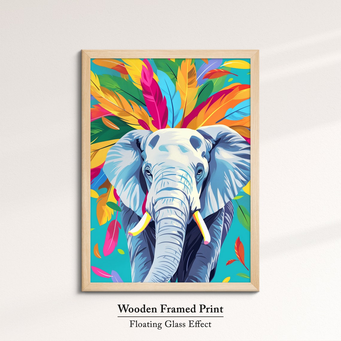 Elephant Front Portrait With Colorful Feathers Turquoise Art Poster - Image 6