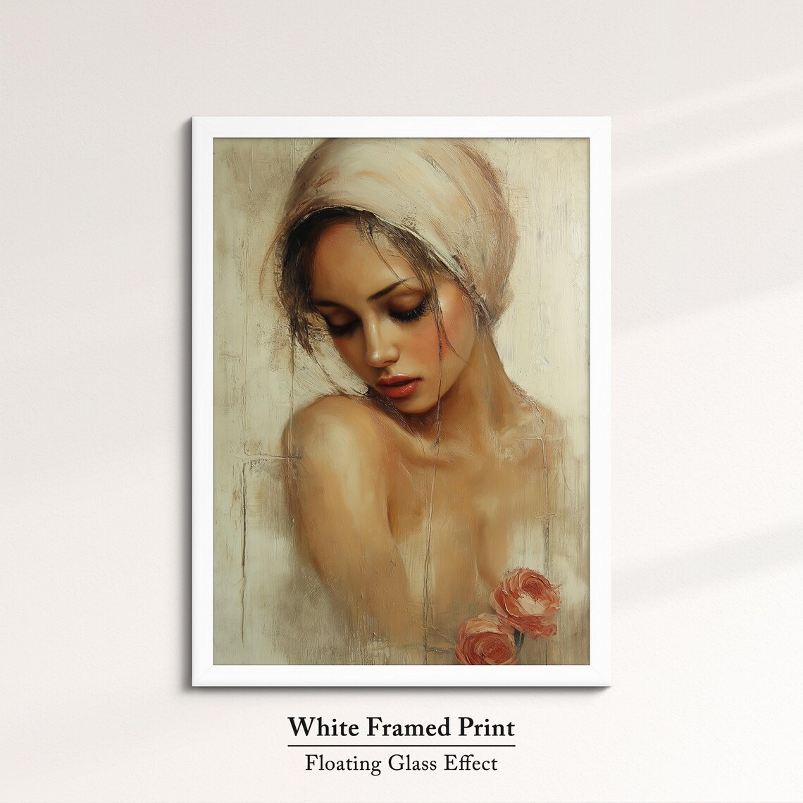Contemplative Woman Portrait White Headscarf Roses Oil Painting Print - Image 7
