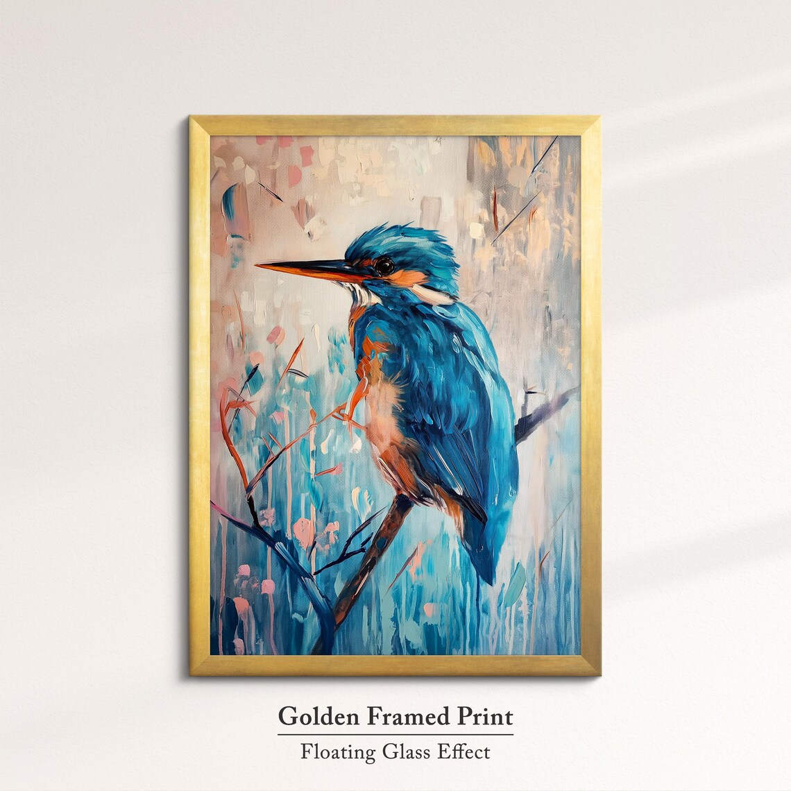Kingfisher Blue Perched Branch Pink Teal Abstract Bird Painting Poster - Image 5