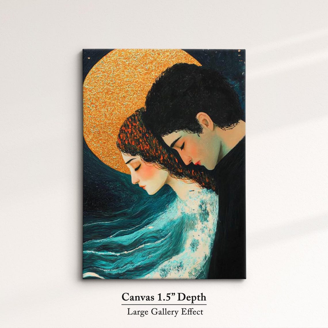 Couple Under Golden Full Moon Romantic Night Embrace Wall Art Print - Image 3