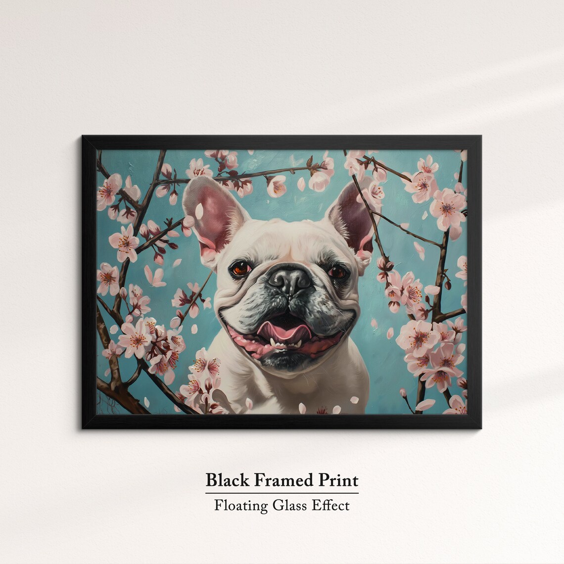 Cheerful White French Bulldog In Cherry Blossoms Teal Sky Dog Poster - Image 8