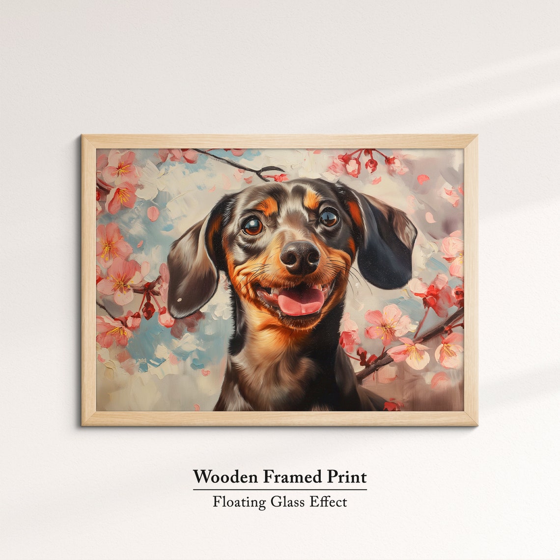 Cheerful Dachshund Face Close Up In Spring Cherry Blossoms Art Poster - Image 6