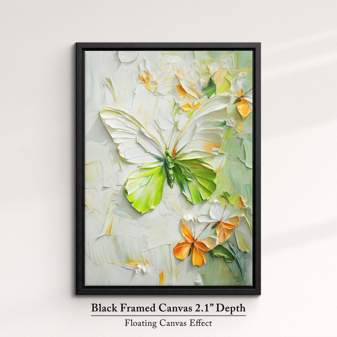 White Green Butterfly Impasto Oil Painting Nature Elegance Wall Art - Image 2