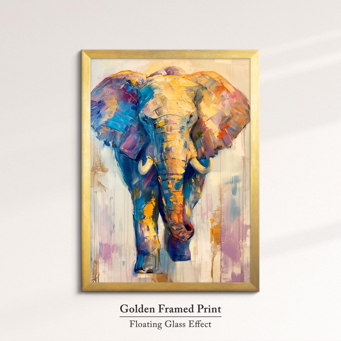 Elephant Front Portrait Golden Blue Pink Brushstroke Wall Art - Image 5