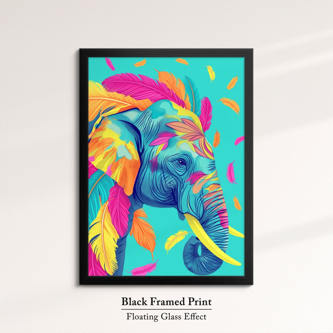 Elephant Head Portrait With Rainbow Feathers Turquoise Art Poster - Image 8