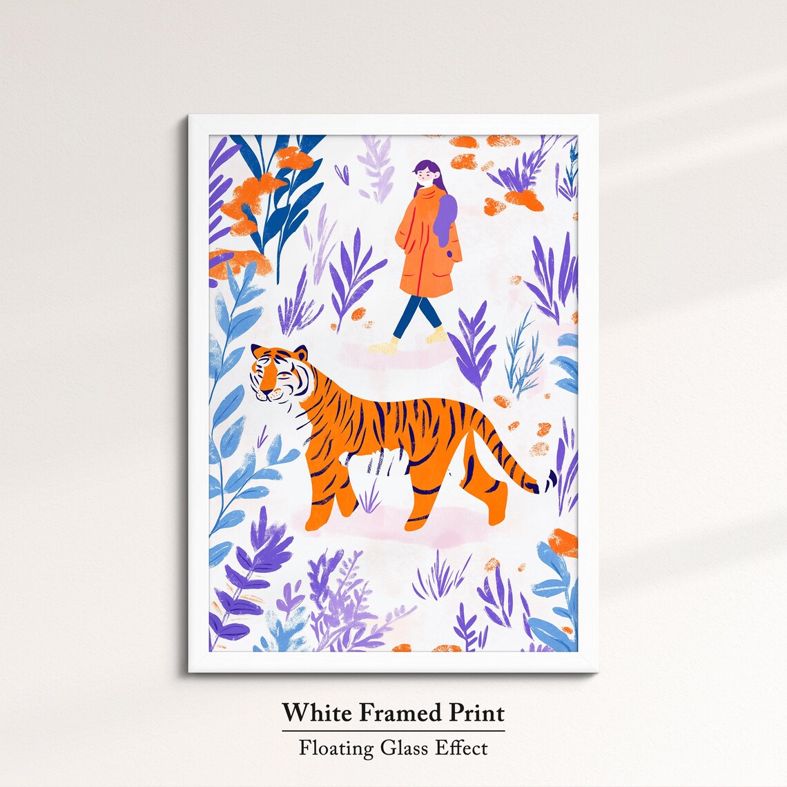 Tiger And Woman Walking Through Purple Botanical Garden Art Poster - Image 7