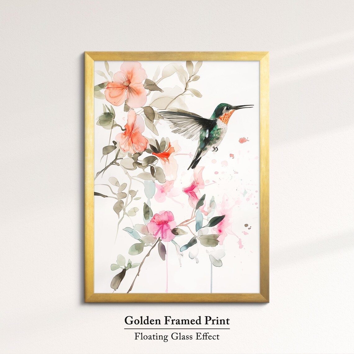 Hummingbird Pink Blossoms Soft Watercolor Floral Bird Wall Art Poster - Image 5