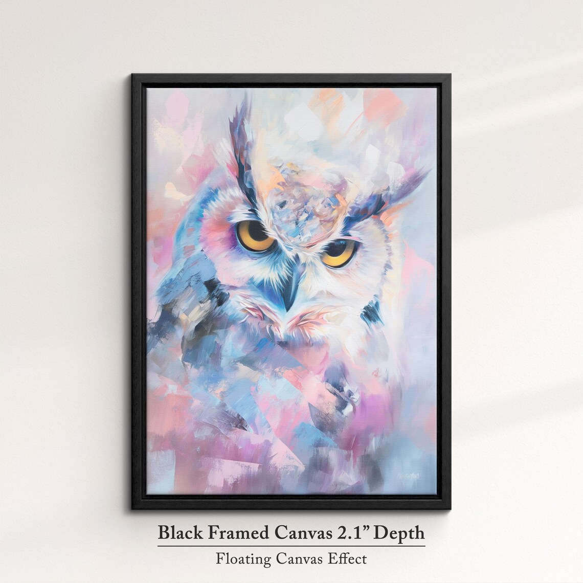 White Horned Owl Yellow Eyes Pink Blue Pastel Abstract Bird Art Poster - Image 2