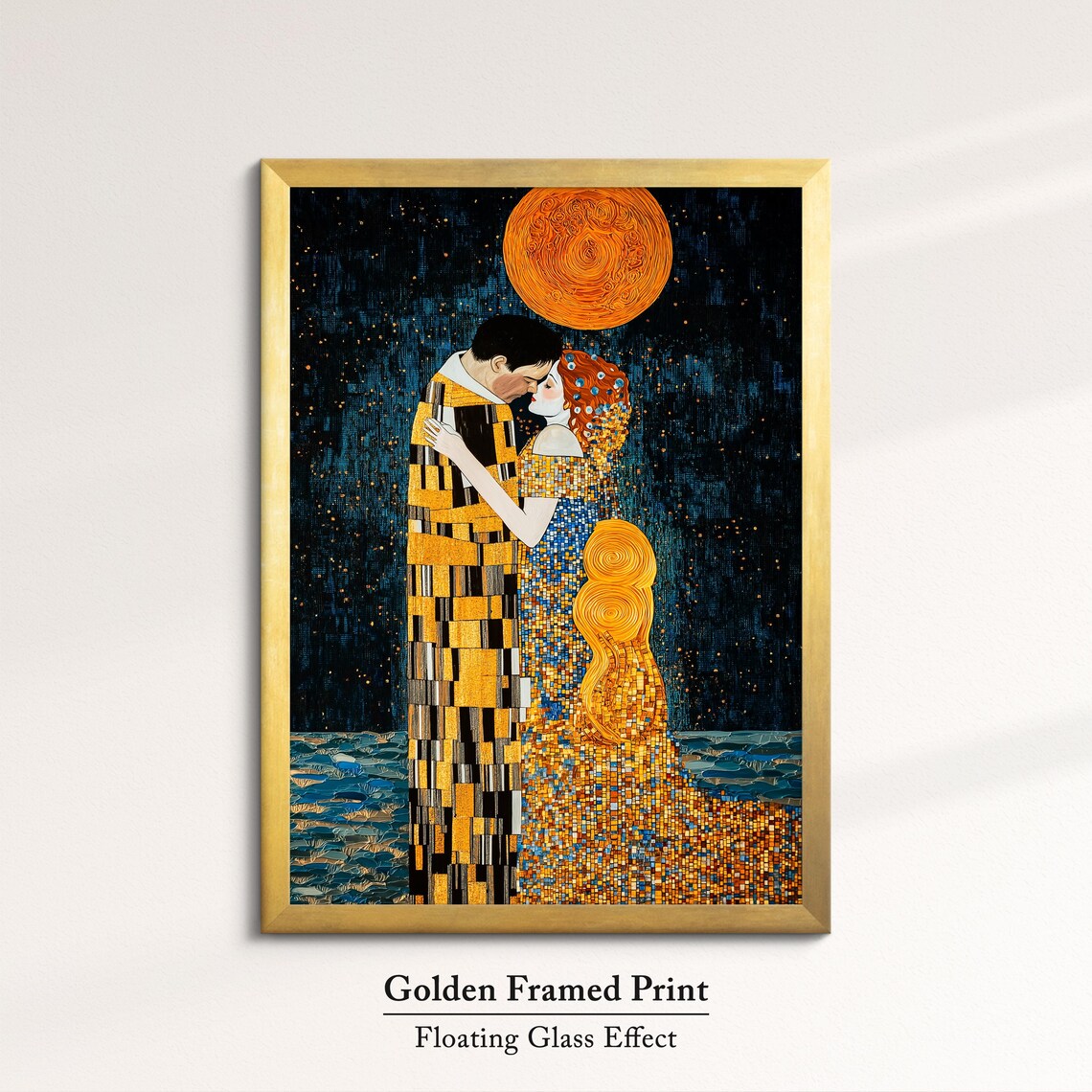 Golden Couple Embrace Klimt Inspired Mosaic Kiss Moonlight Art Poster - Image 5