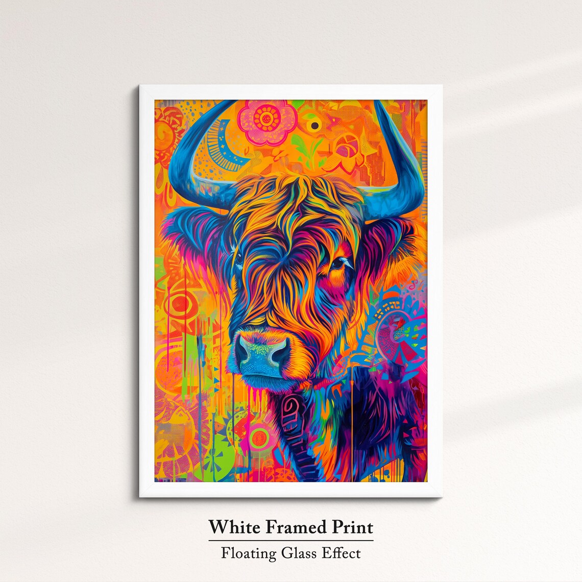 Highland Cow Colorful Rainbow Shaggy Hair Floral Portrait Poster - Image 7